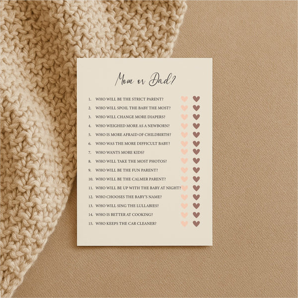 Baby Shower Game Cards - Mom or Dad