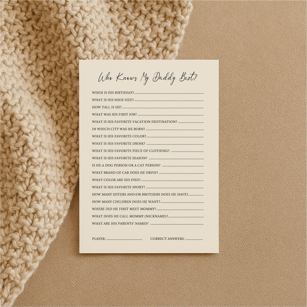 Baby Shower Game Cards - Who Knows Daddy Best
